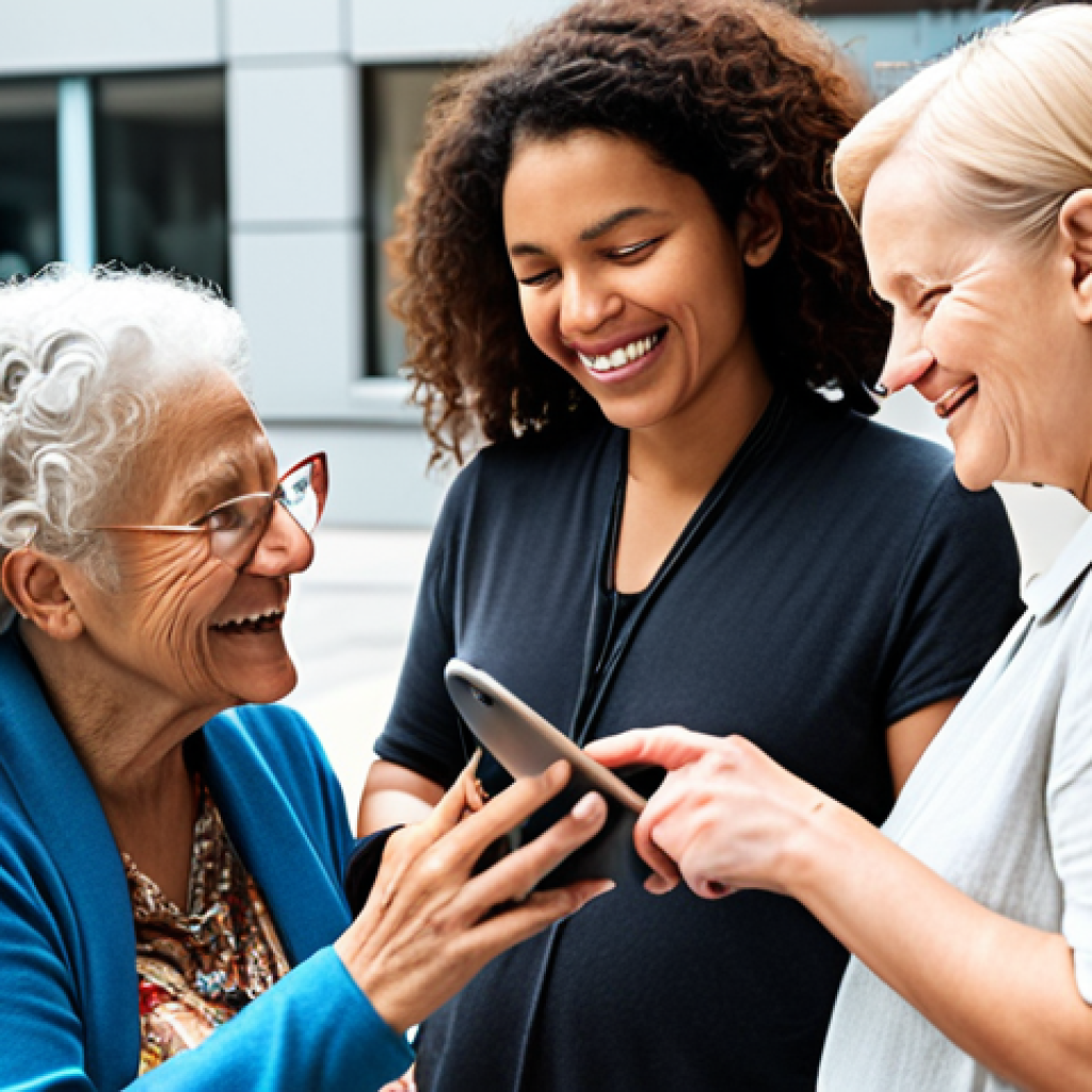 **Prompt:** A diverse group of people, including an elderly woman and a young mother with a child, interacting seamlessly with digital social services on a modern tablet or smartphone. The image should convey accessibility, efficiency, and a sense of relief and connection. Bright, clean aesthetic, with a backdrop that suggests a modern urban or community setting, without specific landmarks. Soft, natural light. Photorealistic, focus on user experience, digital transformation, and ease of access to social support.