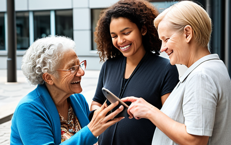 **Prompt:** A diverse group of people, including an elderly woman and a young mother with a child, interacting seamlessly with digital social services on a modern tablet or smartphone. The image should convey accessibility, efficiency, and a sense of relief and connection. Bright, clean aesthetic, with a backdrop that suggests a modern urban or community setting, without specific landmarks. Soft, natural light. Photorealistic, focus on user experience, digital transformation, and ease of access to social support.