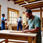 **Image Prompt:** A vibrant workshop scene where former prisoners are learning carpentry skills. The workshop is filled with natural light, showcasing handcrafted wooden furniture. The atmosphere is positive and empowering, with smiles and collaboration visible. Consider a realistic, documentary-style photograph.