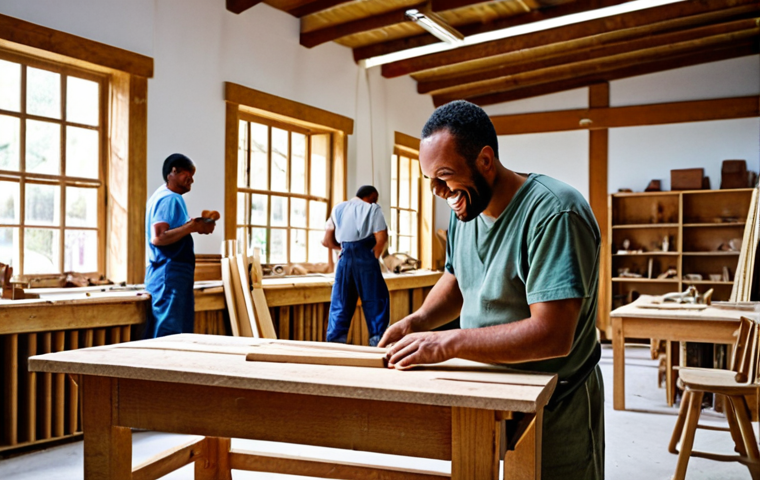 **Image Prompt:** A vibrant workshop scene where former prisoners are learning carpentry skills. The workshop is filled with natural light, showcasing handcrafted wooden furniture. The atmosphere is positive and empowering, with smiles and collaboration visible. Consider a realistic, documentary-style photograph.