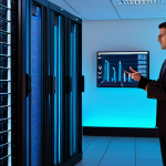 A diverse group of professional adults, including men and women, dressed in modest business attire, are standing confidently in a clean, modern data center. They are surrounded by sleek server racks emitting a soft blue glow, and one person is gesturing towards a holographic display showing abstract charts and graphs related to public finance data. The atmosphere is one of efficiency and forward-thinking innovation. High-resolution, professional studio lighting, sharp focus, perfect anatomy, correct proportions, natural pose, well-formed hands, proper finger count, natural body proportions. safe for work, appropriate content, fully clothed, professional.