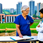 Aging Population & Social Services**

A professional photograph depicting a diverse group of fully clothed individuals: a young doctor assisting a senior woman in a medical clinic, a teacher helping children in a classroom, and a construction worker on a building site. Background shows a modern city skyline blending into a peaceful countryside scene. The image represents the balance needed in social policies. Appropriate attire, safe for work, family-friendly, perfect anatomy, natural proportions, professional, high quality.

**