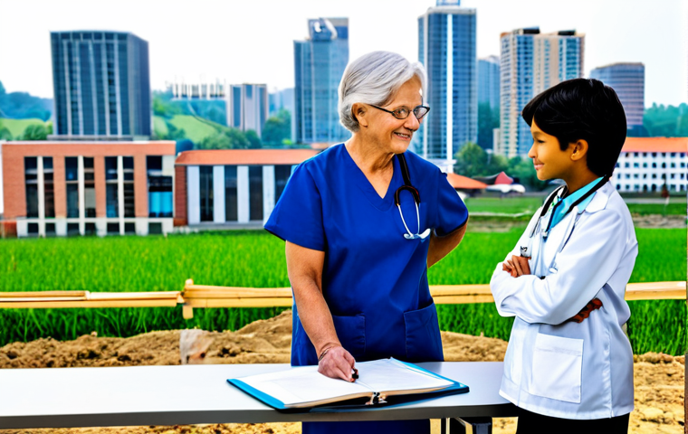 Aging Population & Social Services**
A professional photograph depicting a diverse group of fully clothed individuals: a young doctor assisting a senior woman in a medical clinic, a teacher helping children in a classroom, and a construction worker on a building site. Background shows a modern city skyline blending into a peaceful countryside scene. The image represents the balance needed in social policies. Appropriate attire, safe for work, family-friendly, perfect anatomy, natural proportions, professional, high quality.
**