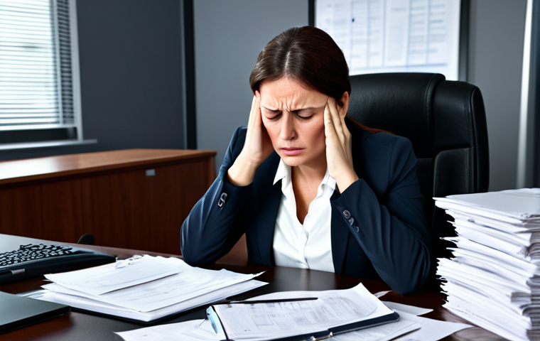 Burnout Symptoms**
"A tired professional woman in a modest office outfit rubbing her temples, surrounded by overflowing paperwork. Dark circles under her eyes. Modern office background, desk cluttered, concerned expression. Fully clothed, appropriate attire, safe for work, perfect anatomy, natural proportions, professional, high quality lighting, realistic."
**