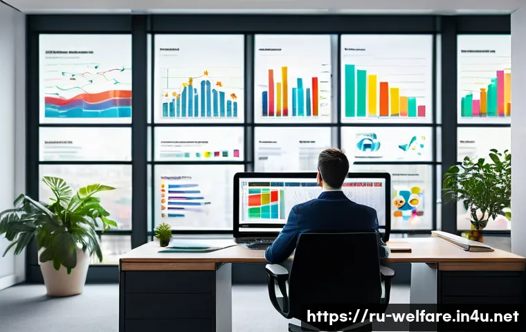 사회복지 AI 자동화 - A modern social worker sitting at a sleek desk in a bright, contemporary office, interacting with an...