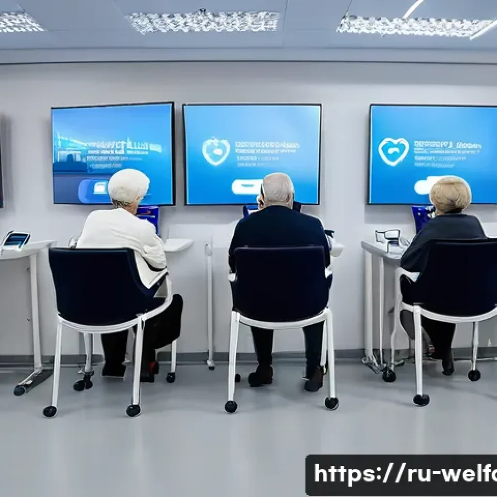사회복지 산업 전망 - A modern Russian social service center interior, featuring elderly people receiving telemedicine con...