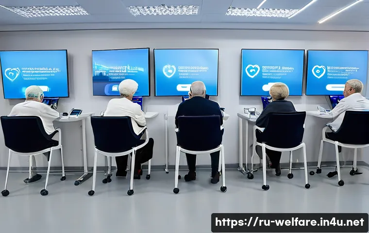 사회복지 산업 전망 - A modern Russian social service center interior, featuring elderly people receiving telemedicine con...