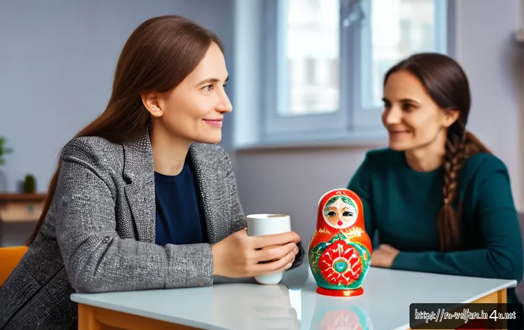 사회복지 상담기법 - A compassionate social worker attentively listening to a middle-aged Russian woman in a cozy, warmly...