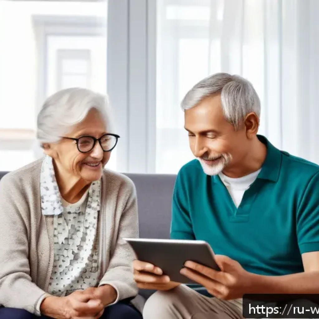사회복지 기술 적용 사례 - A compassionate social worker using a tablet to communicate with an elderly client remotely via a mo...