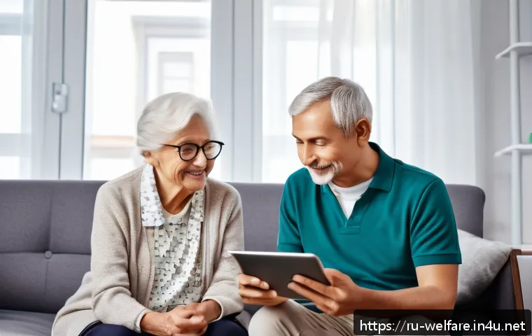사회복지 기술 적용 사례 - A compassionate social worker using a tablet to communicate with an elderly client remotely via a mo...