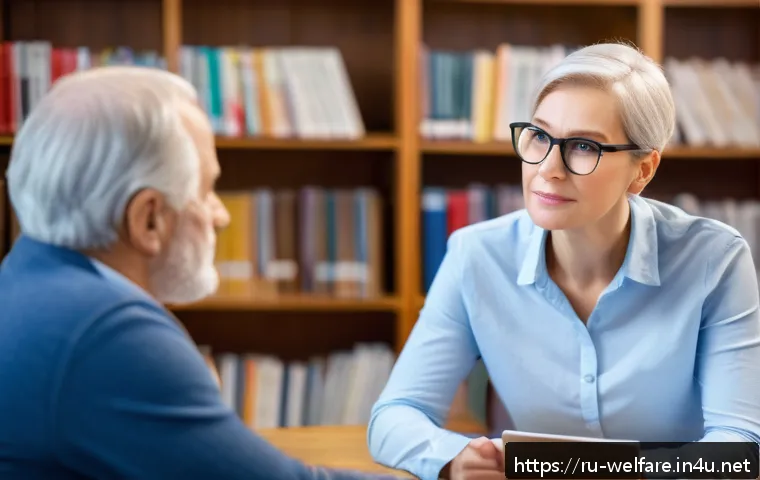 사회복지 전문가 인터뷰 - A compassionate social worker attentively listening to a middle-aged client in a cozy office setting...