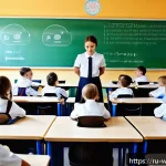 아동복지론 - A warm, engaging classroom scene in a modern Russian school where a diverse group of children aged 8...