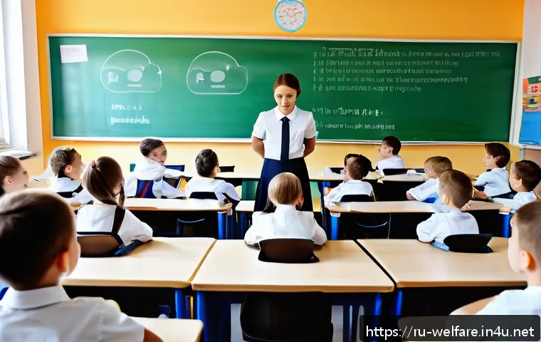 아동복지론 - A warm, engaging classroom scene in a modern Russian school where a diverse group of children aged 8...