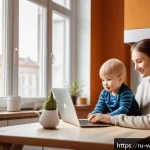 사회복지 서비스 전달체계 - A modern Russian family in a cozy urban apartment, a mother wearing modest casual clothing holding a...