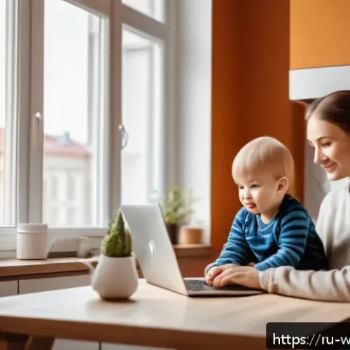 사회복지 서비스 전달체계 - A modern Russian family in a cozy urban apartment, a mother wearing modest casual clothing holding a...