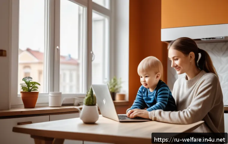 사회복지 서비스 전달체계 - A modern Russian family in a cozy urban apartment, a mother wearing modest casual clothing holding a...