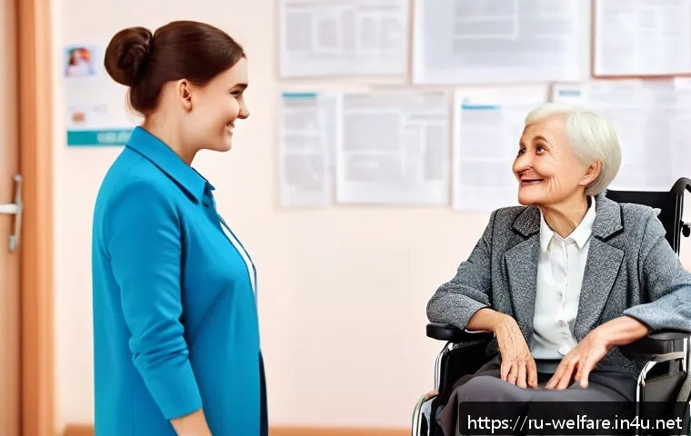 사회복지 취업 정보 - A compassionate social worker in a modern Russian community center, wearing professional attire with...