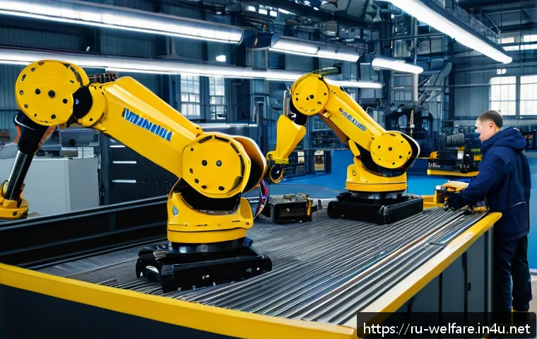 산업복지론 - A modern Russian industrial manufacturing plant interior showcasing advanced digital technologies in...