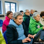 사회복지 복지국가 모델 - A modern Russian city community center scene showing diverse people of all ages engaging in social s...