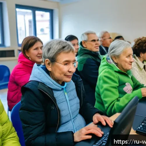 사회복지 복지국가 모델 - A modern Russian city community center scene showing diverse people of all ages engaging in social s...