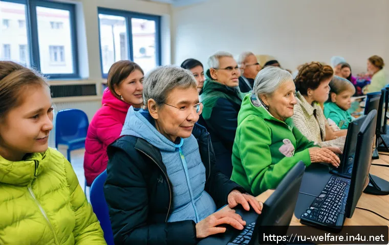 사회복지 복지국가 모델 - A modern Russian city community center scene showing diverse people of all ages engaging in social s...