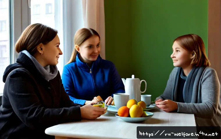 가족복지론 - Photorealistic family welfare consultation in a modest contemporary Russian apartment, compassionate...
