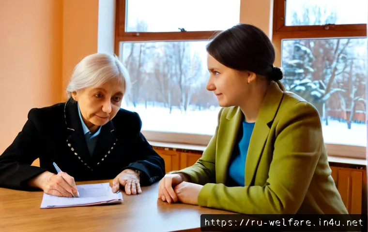 사회복지 현장실습 - Photorealistic social work practicum in a welcoming Russian community support center, a young traine...